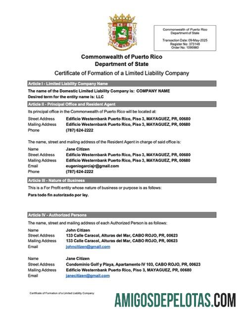 Certificado realista de constituição de uma empresa de responsabilidade limitada em Porto Rico, modelo Word e PDF
